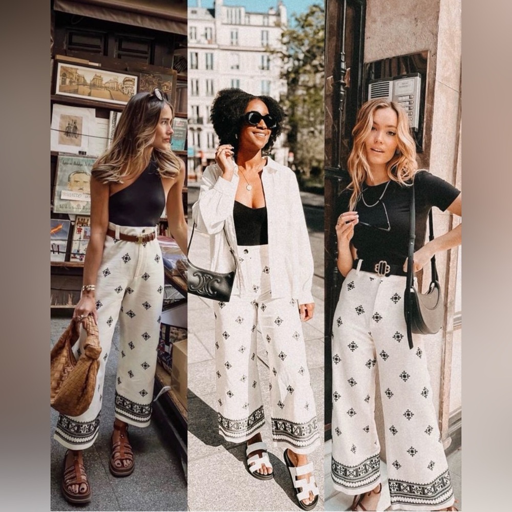 ZARA Linen Blend Embroidered Wide Leg Pants White Black Boho Resort S